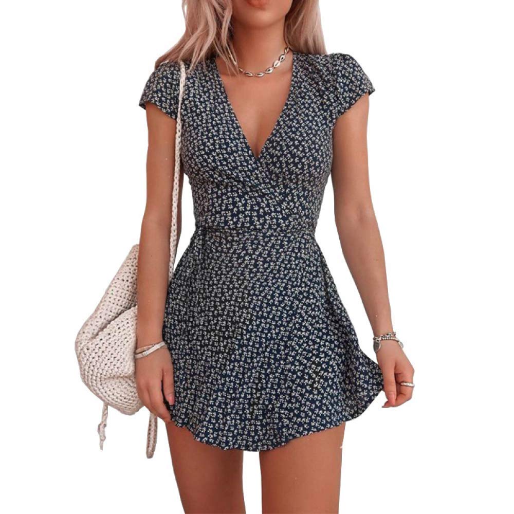 XOZOFloral Print Mini Dress Women 2020 Summer V Neck A-Line Party Dress Female Short Sleeve Beach Dresses Vestidos Charcoal