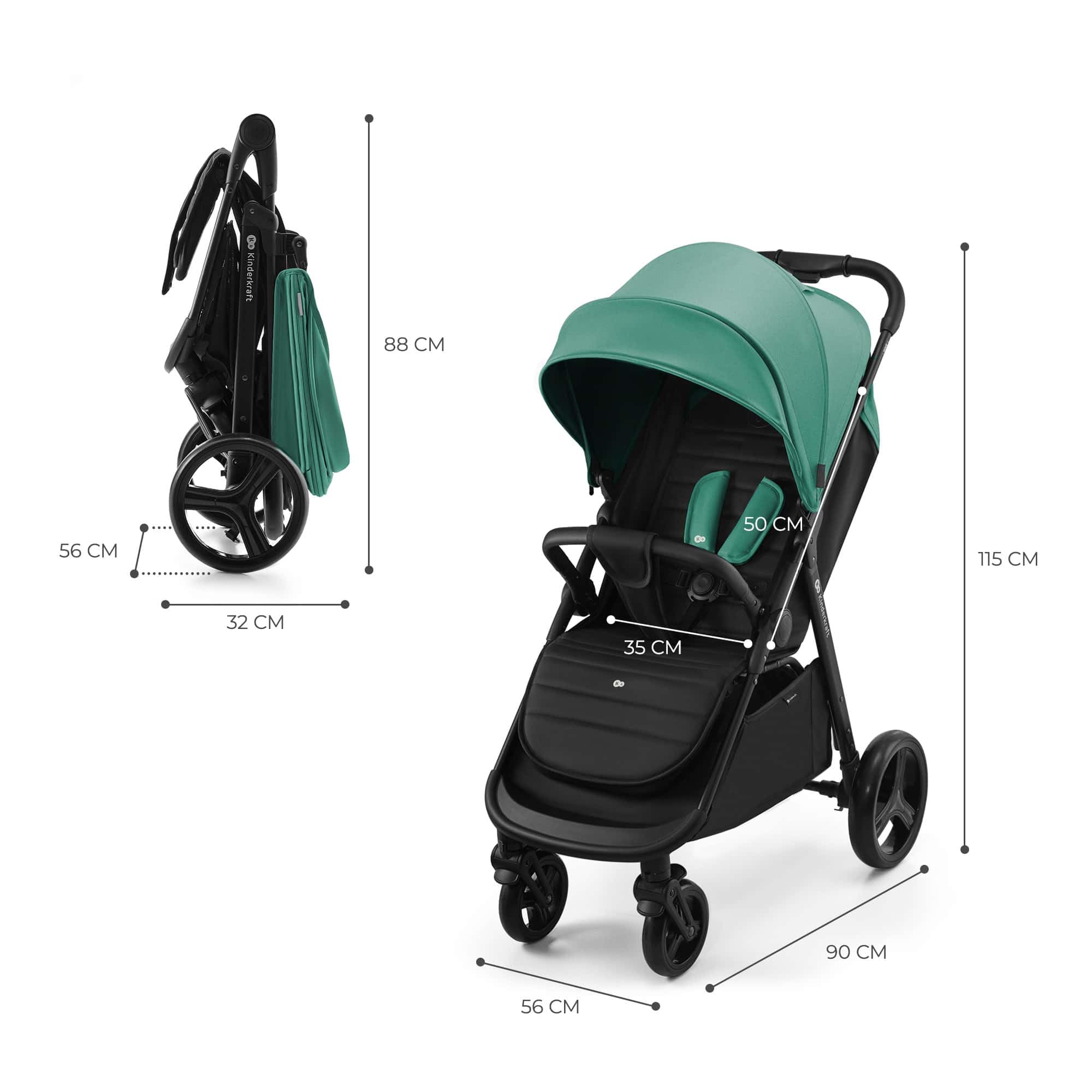 Kinderkraft RINE wózek dziecięcy, do 22 kg, składany jedną ręką, wodoodporny daszek z filtrem UPF50+, pozycja leżąca, uchwyt na napoje w zestawie, zielony