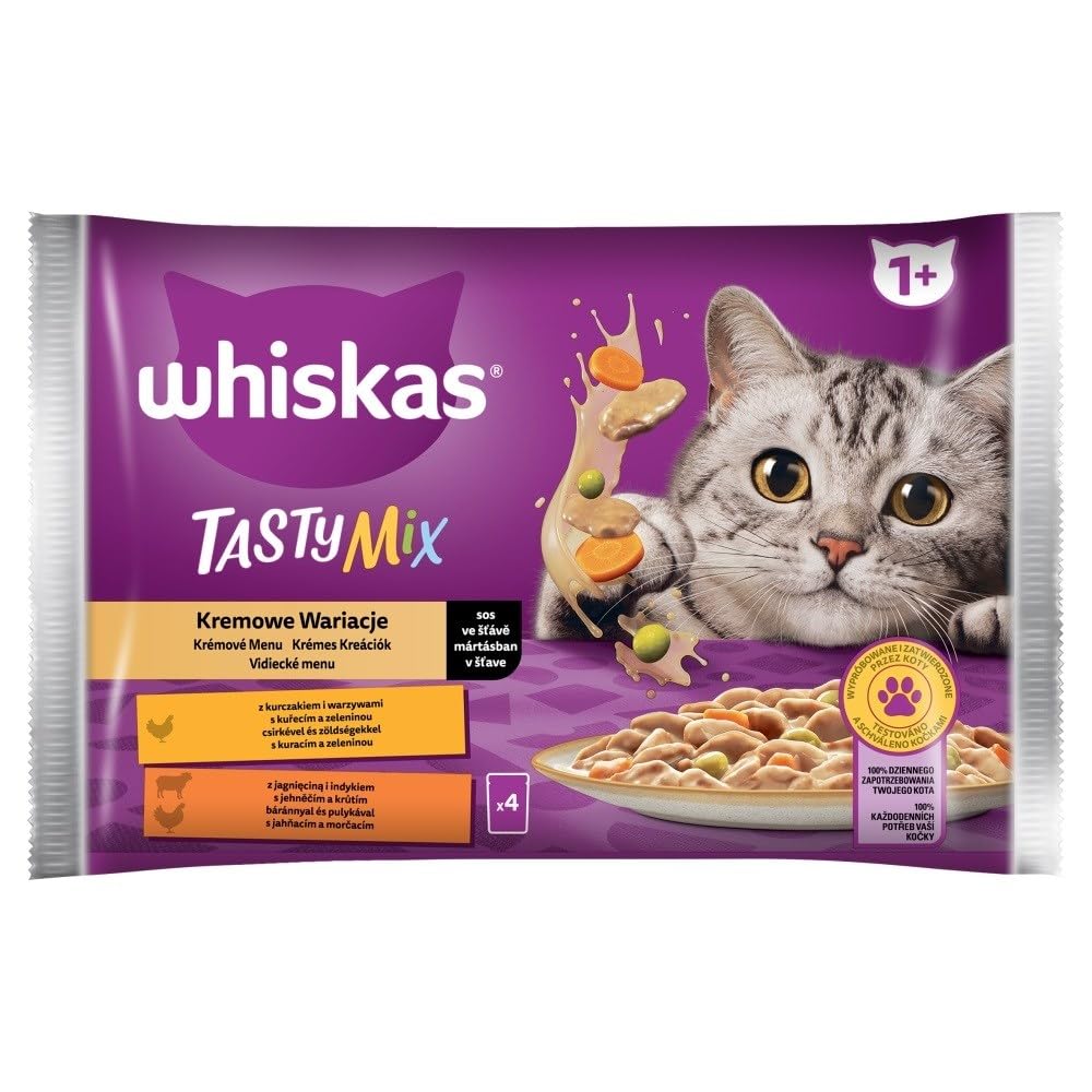 WHISKAS Tasty Mix Cremige Variationen Katzennassfutter im Beutel – Huhn, Lamm & Pute in Sauce