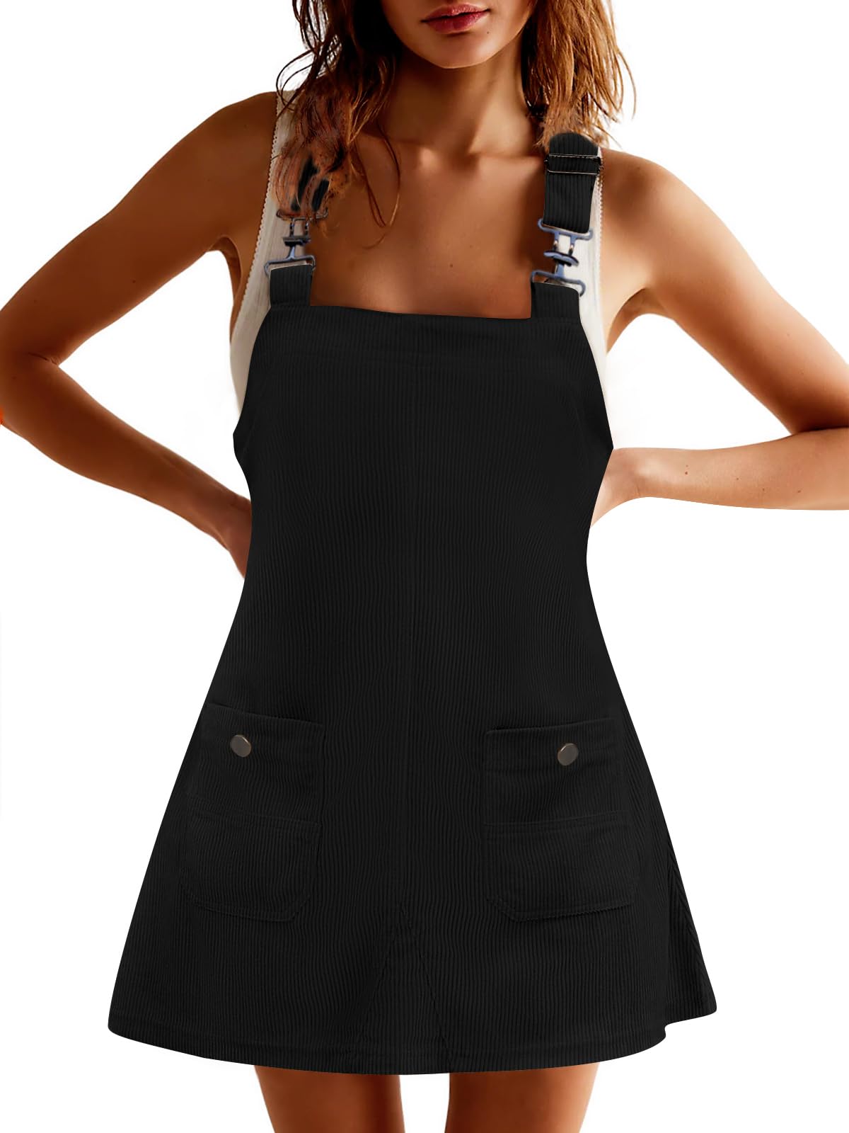 COCCKO Corduroy Dress Women Adjustable Strap Jumper Mini Dress with Pockets Summer Fashion Overalls Black S