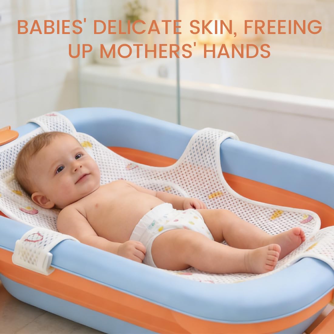 Coussin de Bain pour Bébé, Réducteur de Baignoire pour Nouveau-Né, Hamac de Bain avec 5 Sangles de Sécurité, Anti-Glissant, Filet Respirant et Confortable, Facile à Installer