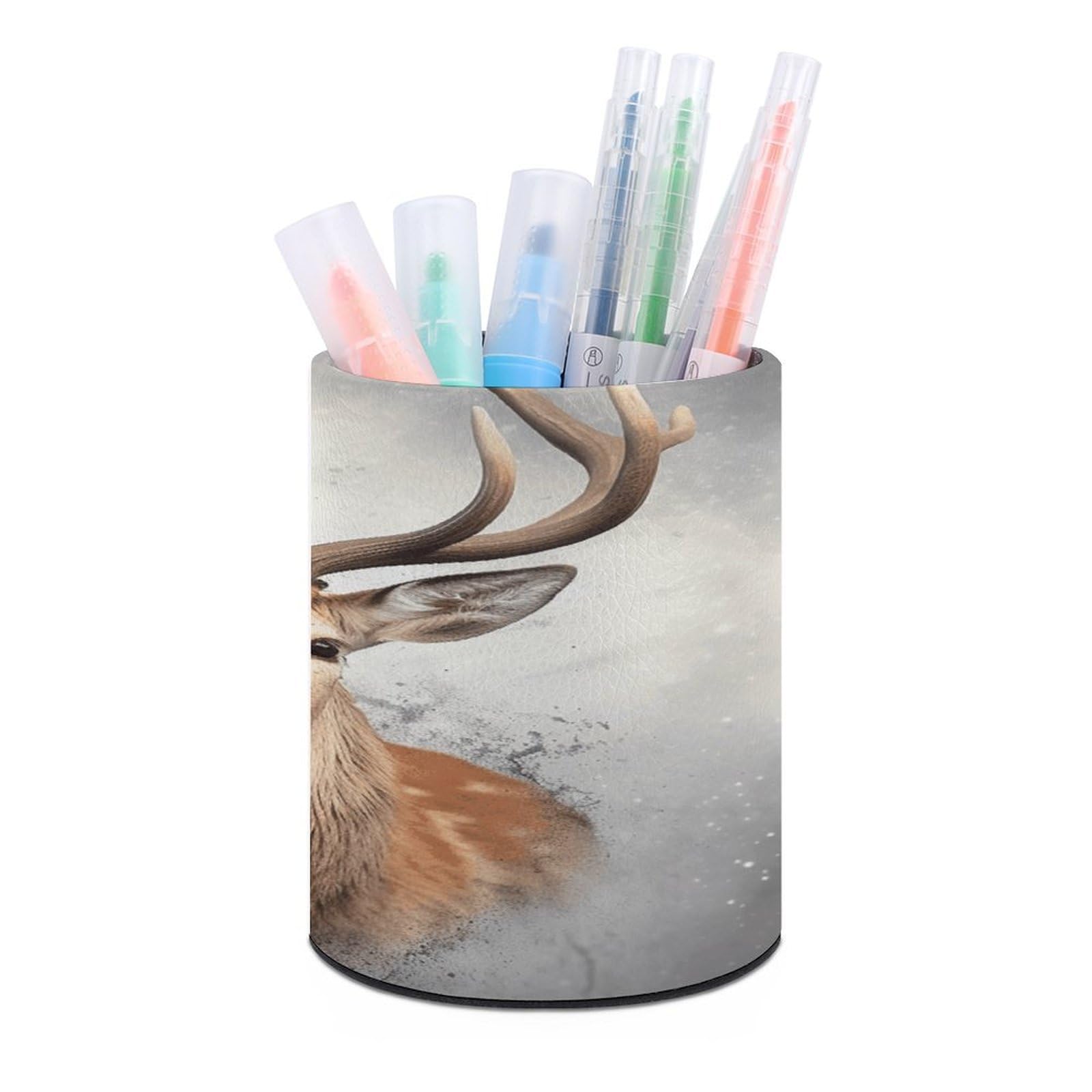 VstaDank - Animal Deer Round Pencil Holder PU Leather Desk Organizer Holder for Brush Decoration Desk Office Home (3.1" x 3.9")