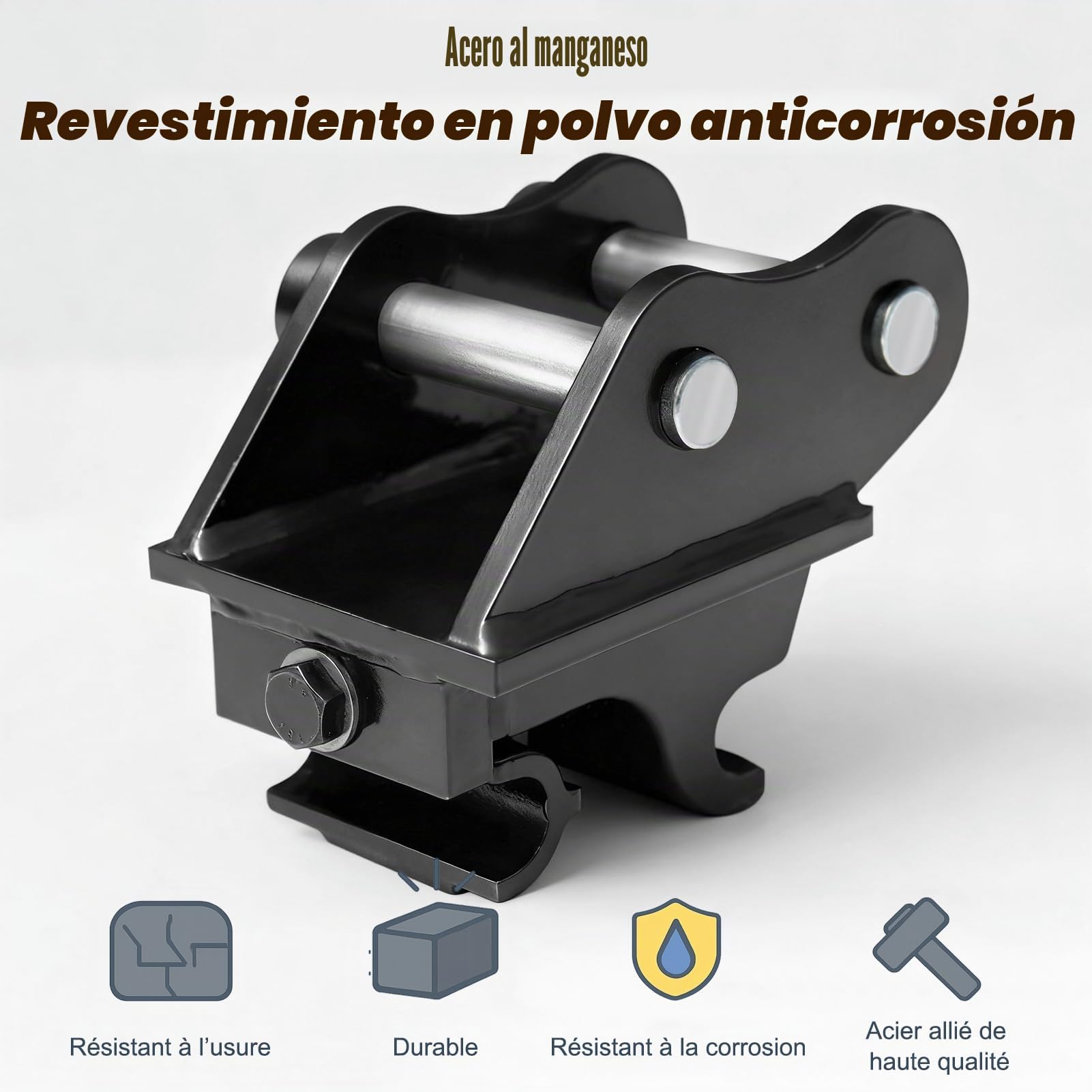 Enganche rápido mecánico para mini excavadora 0,8–1,8 t, Ø25 mm | Ancho 93 mm, entrecentros 85 mm, acero al manganeso antidesgaste, para cazo/rastrillo/escarificador, tolerancia 1–3 mm