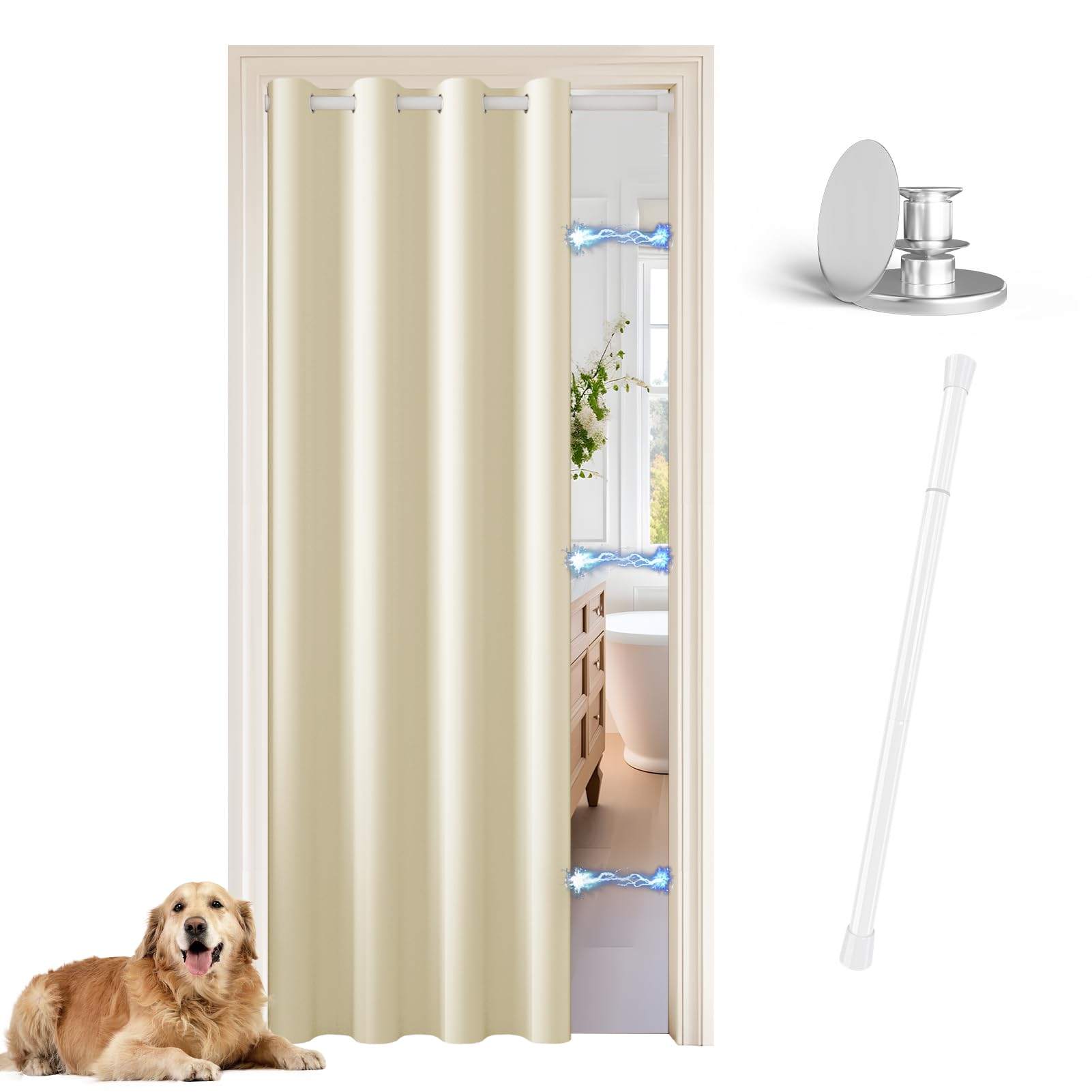JCyh Türvorhang ohne Bohren mit Stange und Magnetknopf，Thermovorhang mit Ösen H 200 x B 132 cm, Akustikvorhang für Schlafzimmer/Wohnzimmer/Arbeitszimmer, Vorhang Hellbeige + Stange Weiß