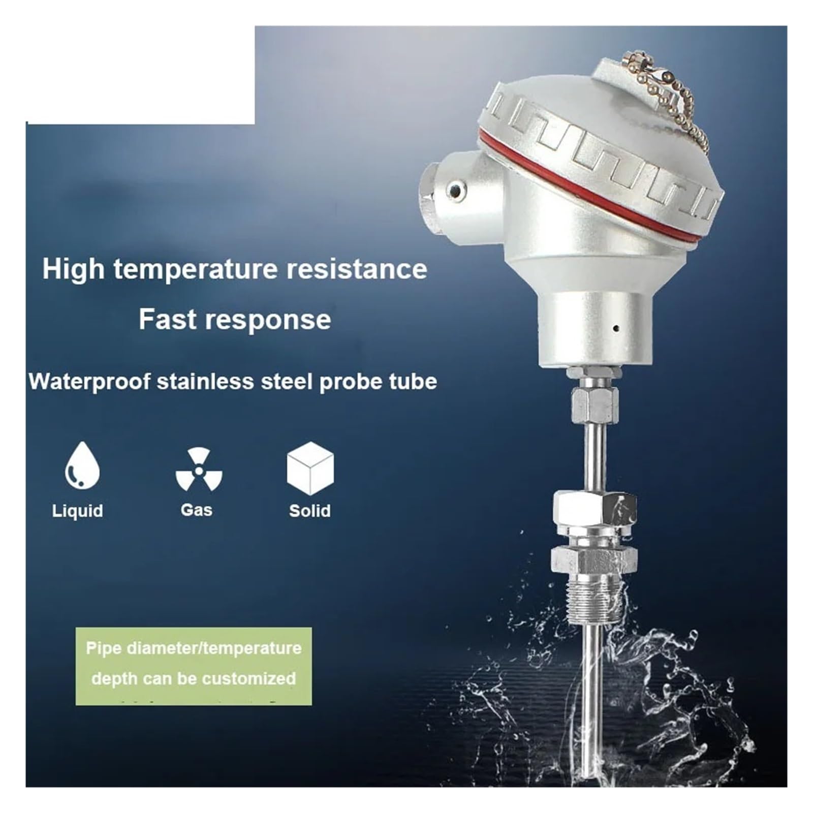 Sensor de temperatura, Sensor de temperatura PT100, transmisor, caja de conexiones, sonda índigo, 50-300 mm, QDY60B(Probe 300mm)