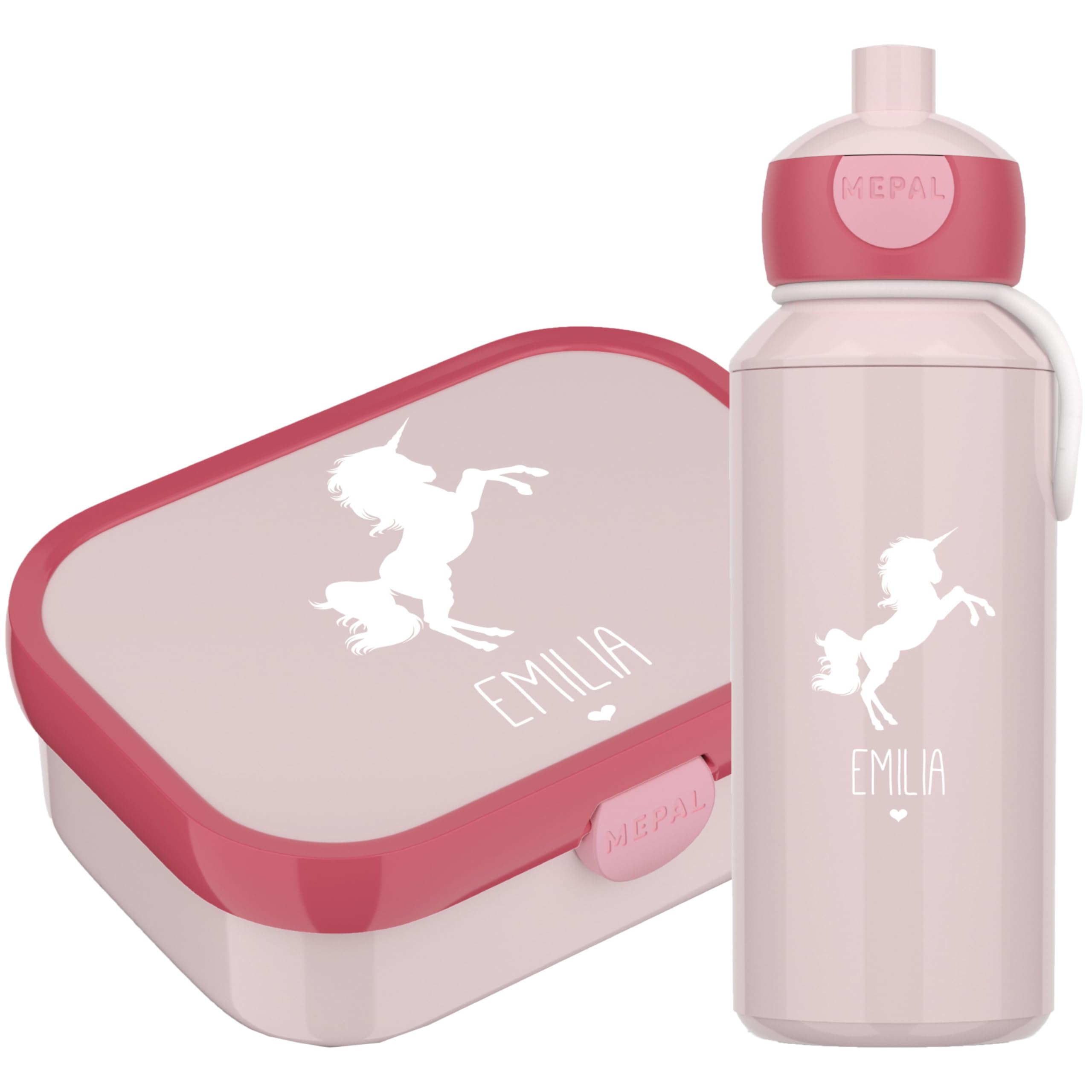 4youDesign Set: pinke Brotdose & Trinkflasche -EINHORN Silhouette- personalisiert mit Namen – inkl. Bento Box, Gabel & Pop-Up Flasche, Geschenk für Kinder (Cool Pink)