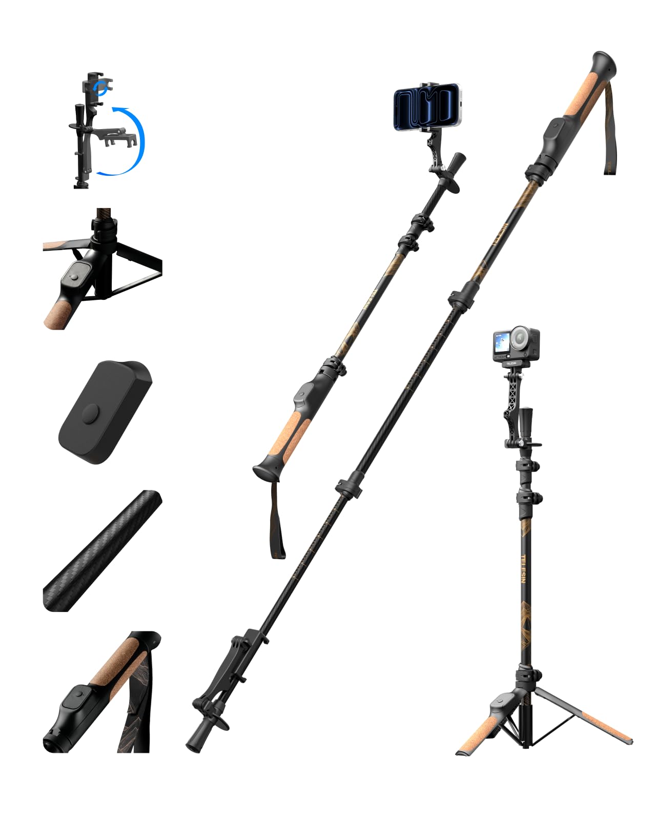 TELESIN TrekShot Carbon Selfie Stick Stativ für iPhone/Action-Kameras | 3-in-1 Wanderstöcke-Style Pole, 148cm Ausziehbares Handy Selfie Stick Stativ, Reise Vlog Monopod mit Bluetooth-Fernbedienung