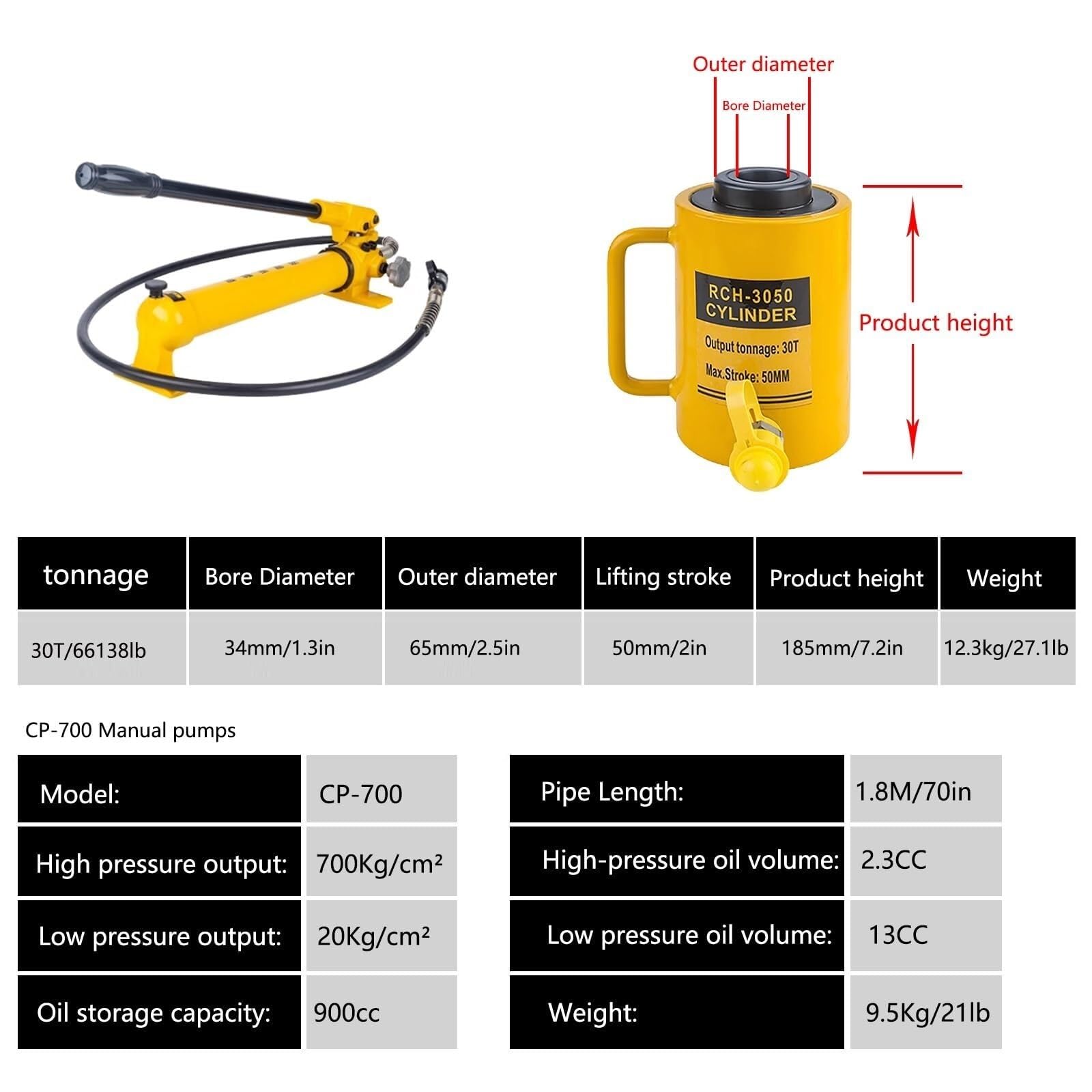 Podnośnik hydrauliczny z pompką ręczną, pusty siłownik jednostronnego działania do zastosowań pchających i ciągnących (skok 30T-5.1 cm + pompa ręczna CP-700)