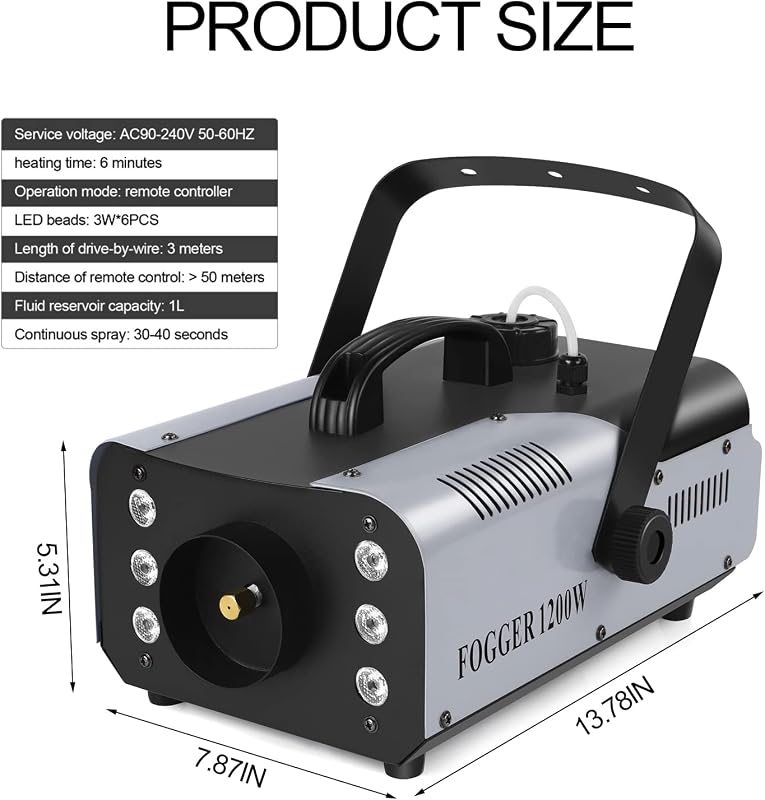 U`King 1200W Füstgép 6 RGB LED Világítással - Vezeték Nélküli Távirányítóval, 8m Hatótávolság, 1L Tartály, Fém Ház, DJ Partykhoz, Koncertekh