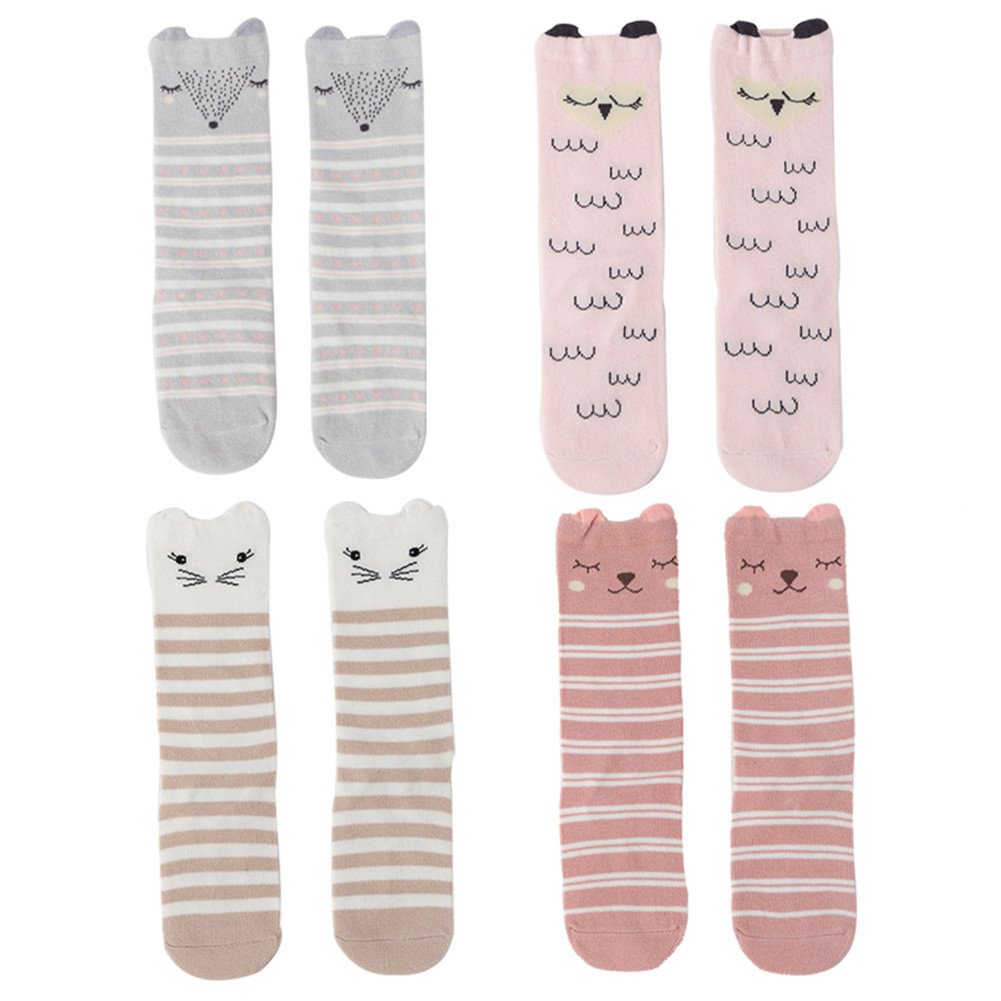 4 Packs Set Adurable Baby Kids Girls Animal Cartoon Knee High Stockings-Animal B (3-5 Y)
