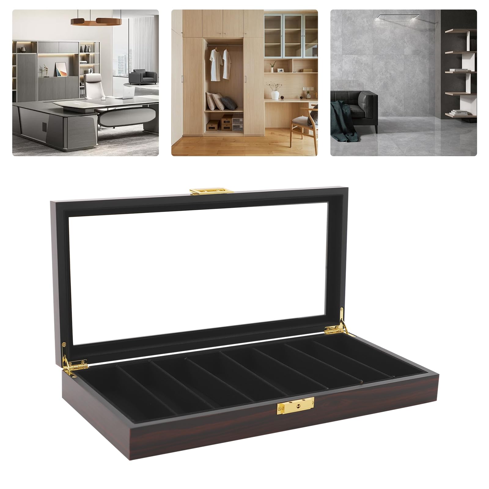 Présentoir à couteaux de poche pour 8 couteaux, aspect ébène, doublure en flanelle, fenêtre en verre, serrure en métal, organisateur et boîte de collection, cadeau pour homme