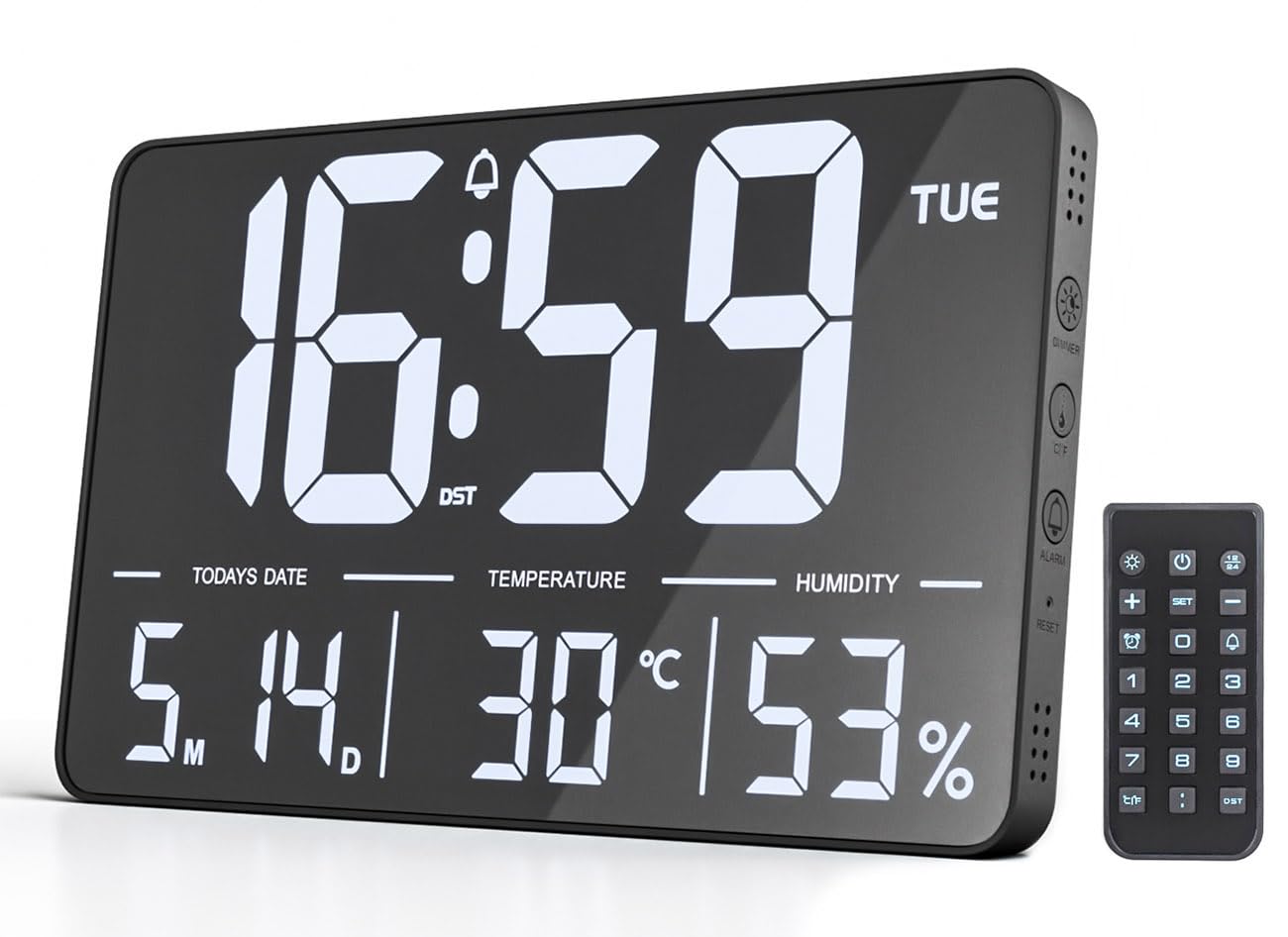 Reloj de Pared Digital con Pantalla Grande de 13 Pulgadas, Fecha, Semana, Temperatura, DST, Auto Dimming, Reloj de Pared con Alarma Remota para Sala de Estar, Dormitorio, Oficina