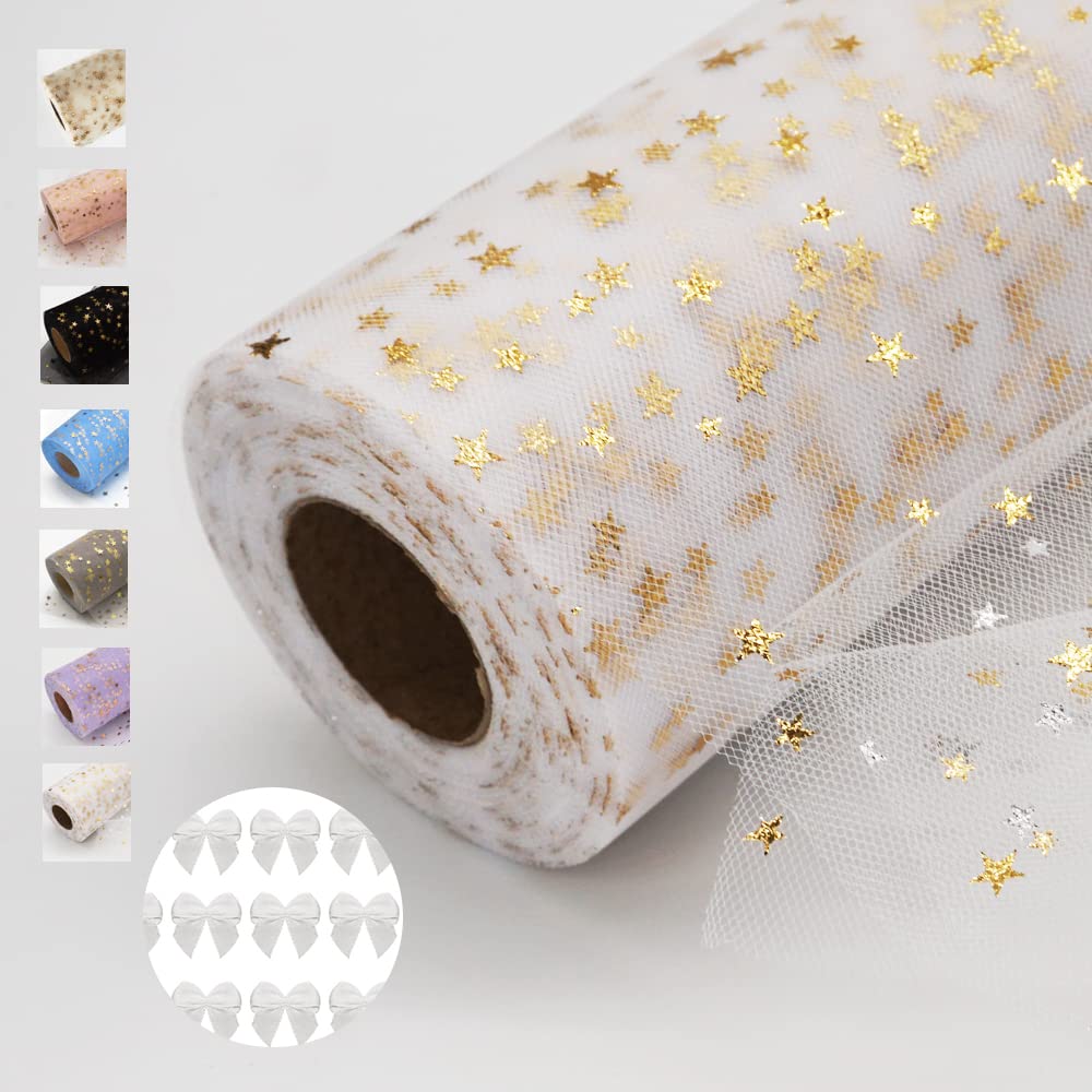 White Glitter Tulle Rolls with Foil Stars 6 Inch by 50 Yards Sparkle Fabric Ribbon for DIY Tutu Skirt Sewing Bow Wedding Decorations Craft Supplies