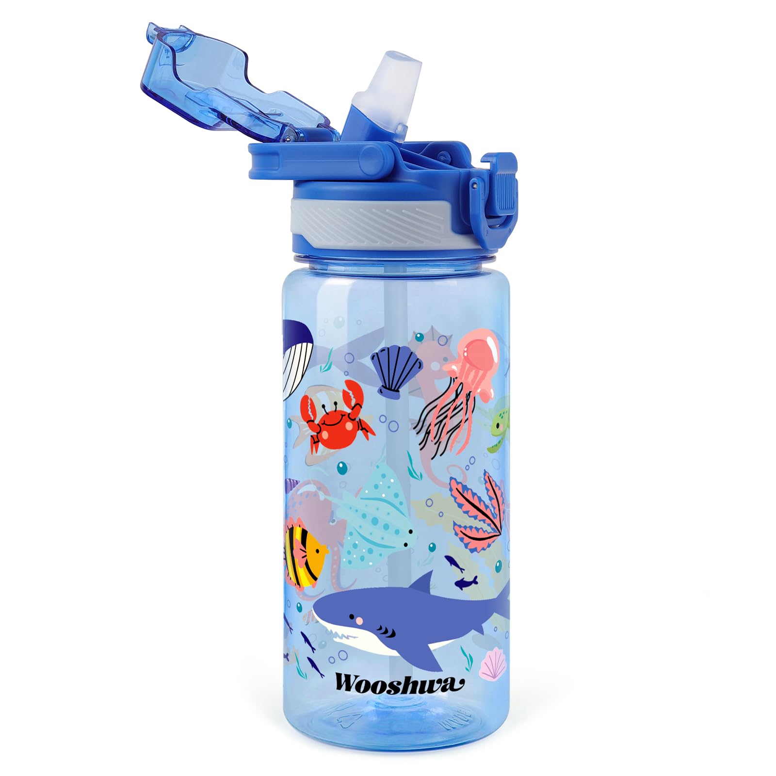 omedecal Trinkflasche Kinder mit Strohhalm Auslaufsicher, Wasserflasche Jungen Mädchen für Sport & Schule, 600ml, BPA-frei, Tragegriff, Spülmaschinenfest - Meerestiere