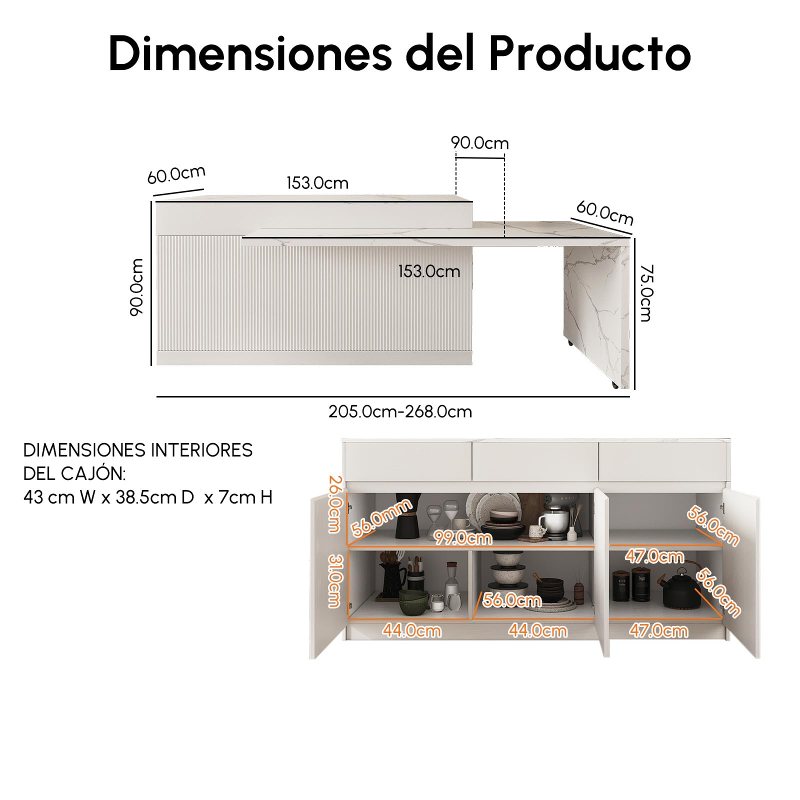 Homary Isla de Cocina Extensible con Almacenamiento múltiple para Cocina y Comedor, hacia la Derecha 205-268cm x 90cm