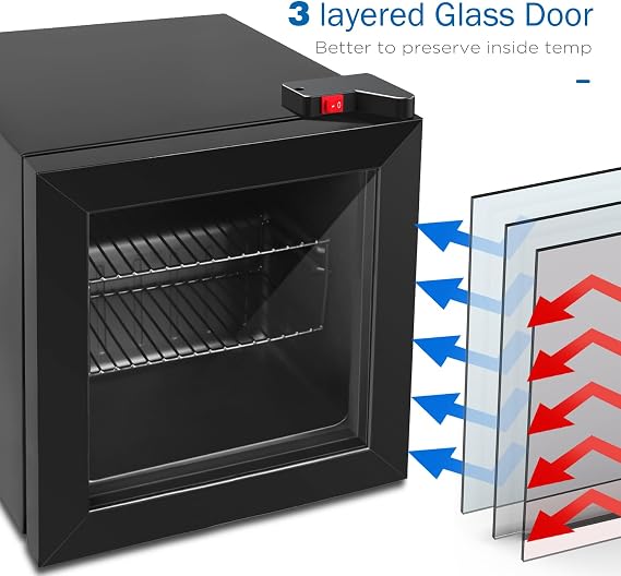 ADT Mini with Display Glass Door 1.1 Cu Ft Small Freezer with 2 Removable Shelves 7 Temperature Settings -8F to 14F Perfect for Liquor and Ice Cream