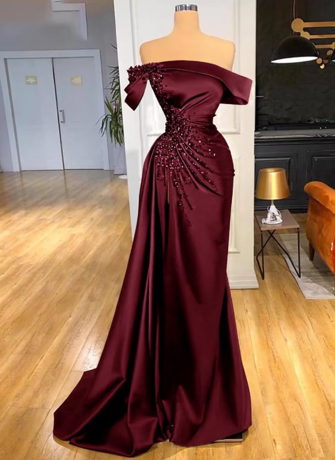 Dexinyuan Mermaid Beaded Prom Dresses Satin Bridesmaid Dresses Long Slit Off-Shoulder Formal Evening Gowns for Women 2026