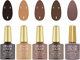 Kit 5 Esmaltes em Gel UV/LED, Tons de Marrom, Soak Off, Brilhoso, 10ml Cada, Fórmula Profissional para Manicure, Secagem em Cabine Helen Color
