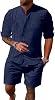 Mens 2 Pieces Cotton Set Button Down Cuban Shirts Long Sleeve Casual Outfits Beach Lightweight Shorts With Pocket