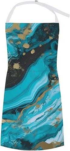 Personalized Turquoise Blue Gold Marble Adult Apron, Kitchen Cooking Aprons for Woman Man, Adjustable Bib Apron with Pocket for Baking, BBQ Crafting