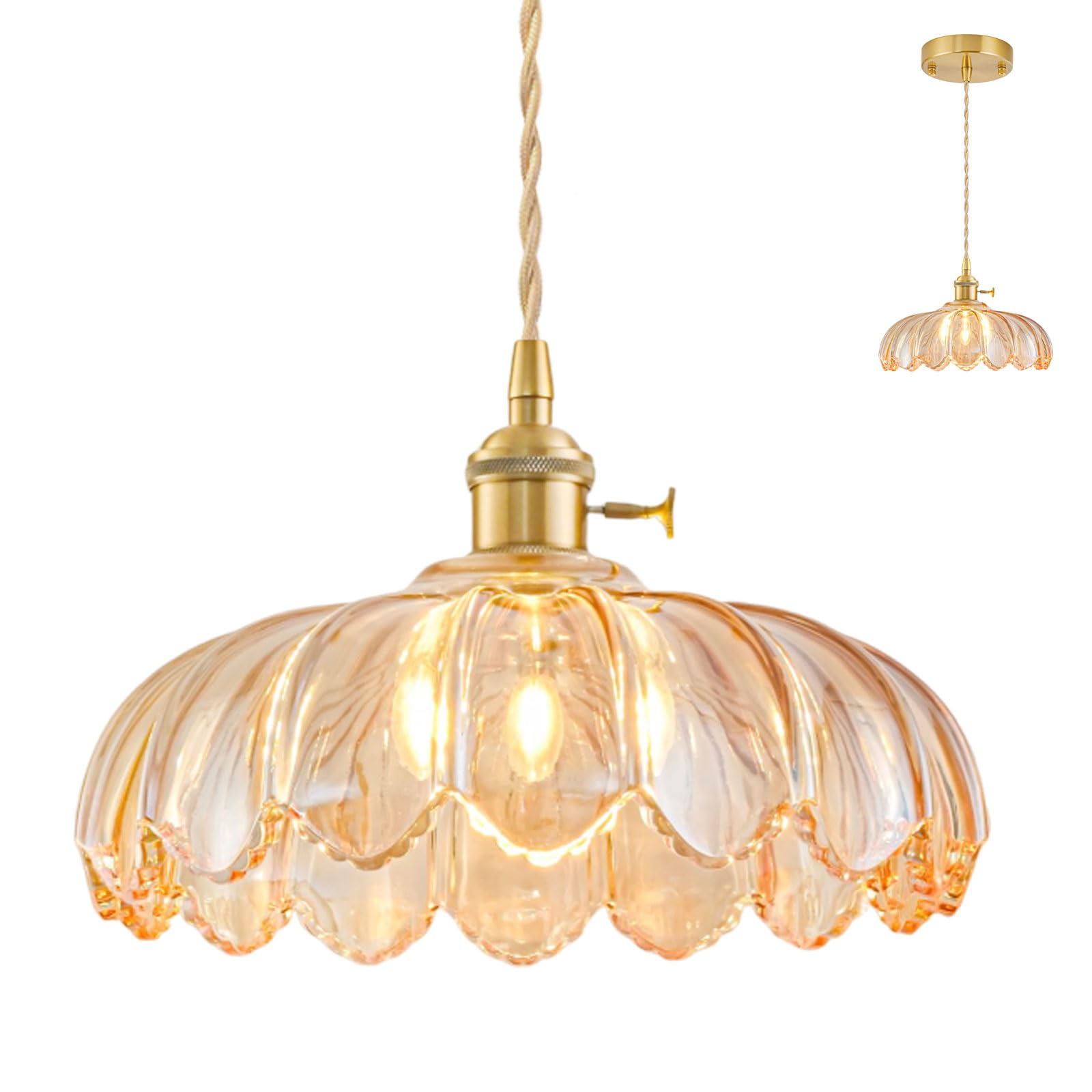 NETHCUEL Glass Kitchen Island Lights, Vintage Brass Pendant Light Fixtures, Adjustable Amber Pendant Lights for Kitchen Island for Bedroom Living Room Hallway Dining Room, Light Bulb Not Included — image 1