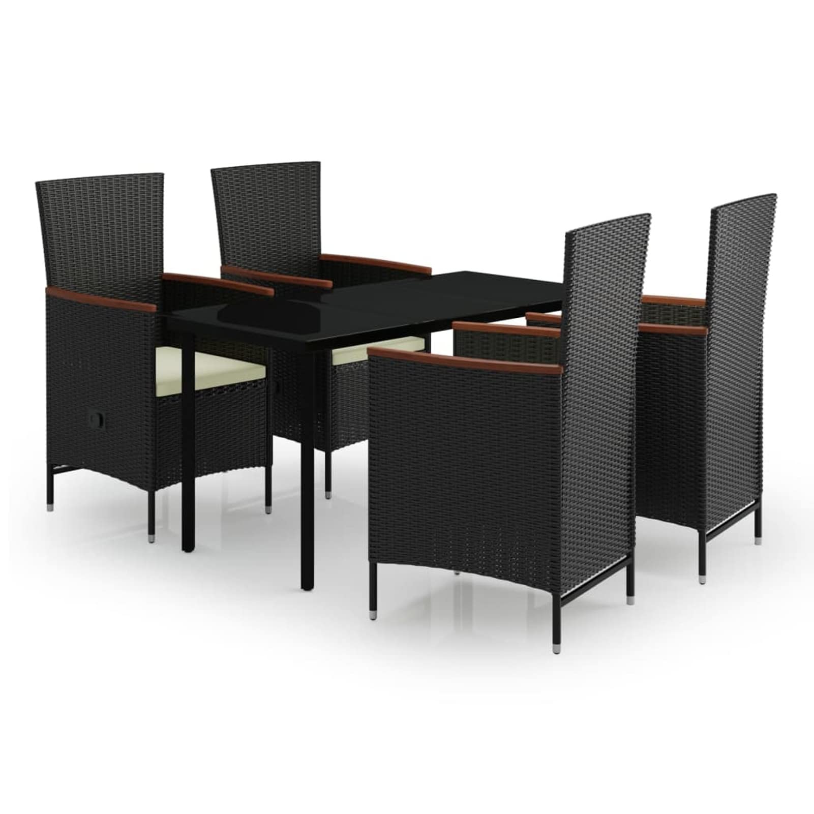 Juego de comedor de jardín, mesa de vidrio y 4 sillas reclinables con cojines, conjunto de muebles de exterior de ratán PE y acero, negro y blanco crema, 140x70x74 cm, para patio, terraza y balcón