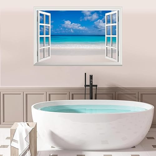 Miniatura 4 de Calcomanías de pared de ventanas falsas 3D con paisaje marino y playa, removibles, decoración de pared de paisaje para sala de estar y dormitorio