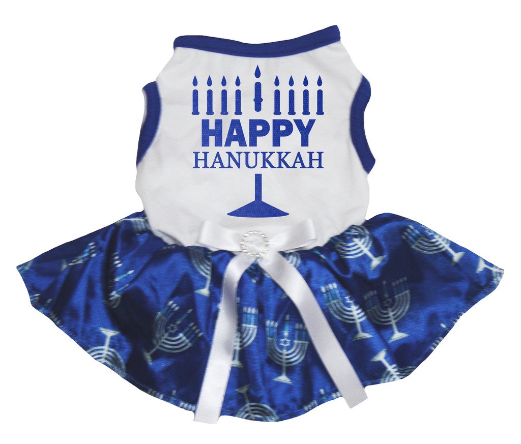 Robe Happy Hanukkah pour chien coton blanc anti irritation avec tutu bleu doux