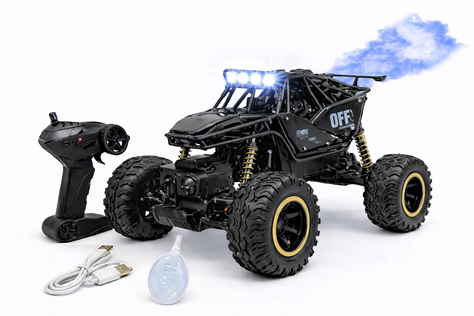 Rock Climber RC Car with Bluetooth Music, Mist Spray & LED Lights | 4WD 2.4GHz Off-Road Remote and Mobile Control Car | Dual Motor, Shock Absorber | Rechargeable Battery (Black)-image-49