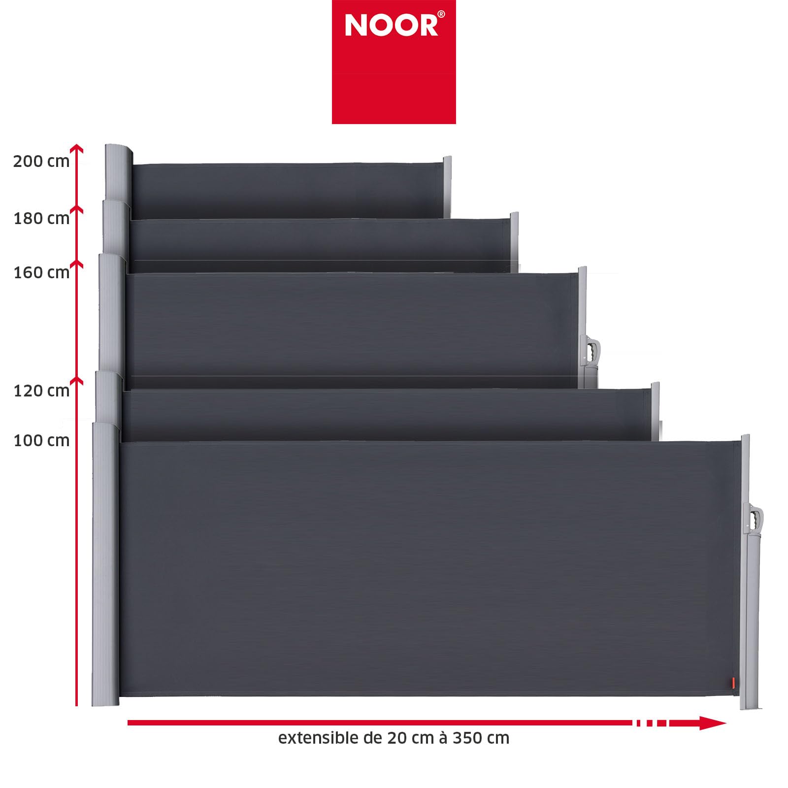 NOOR Store latéral Exklusiv 100x350 cm - Brise-Vue Extensible Anthracite | Protection opaque contre soleil et vent pour balcon, terrasse et jardin – fixations incluse, imprégné et hydrofuge