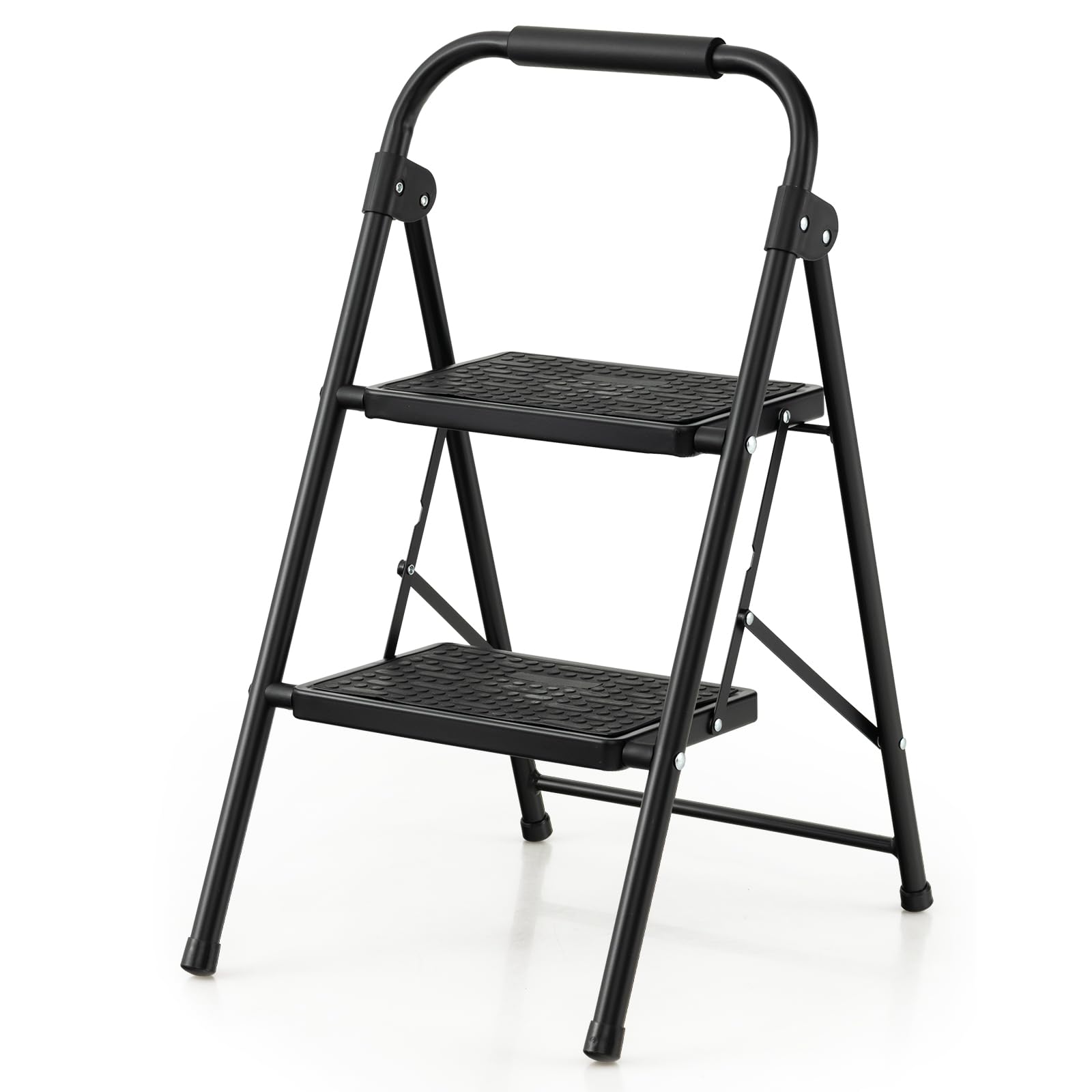 COSTWAY Escalera Plegable de 2 Peldaños, Taburete Plegable con Manija Acolchada y Escalones Antideslizantes, Escalera de Metal Portátil, para Cocina, Hogar, Almacén