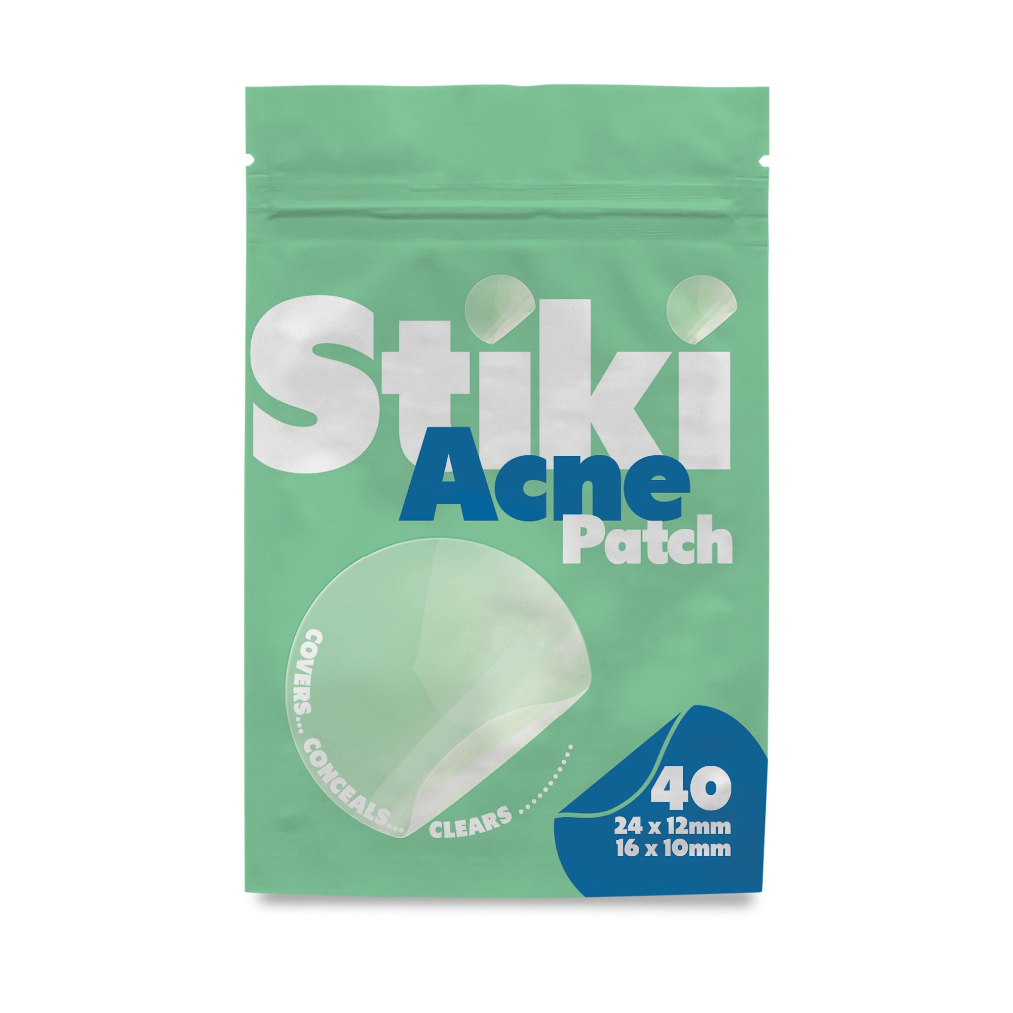 Stiki Acne Patches (40 Pack) – 24 x 12mm & 16 x 10mm Hydrocolloid Pimple Patches for Spots & Blemishes, Invisible Acne Spot for Day & Night Use