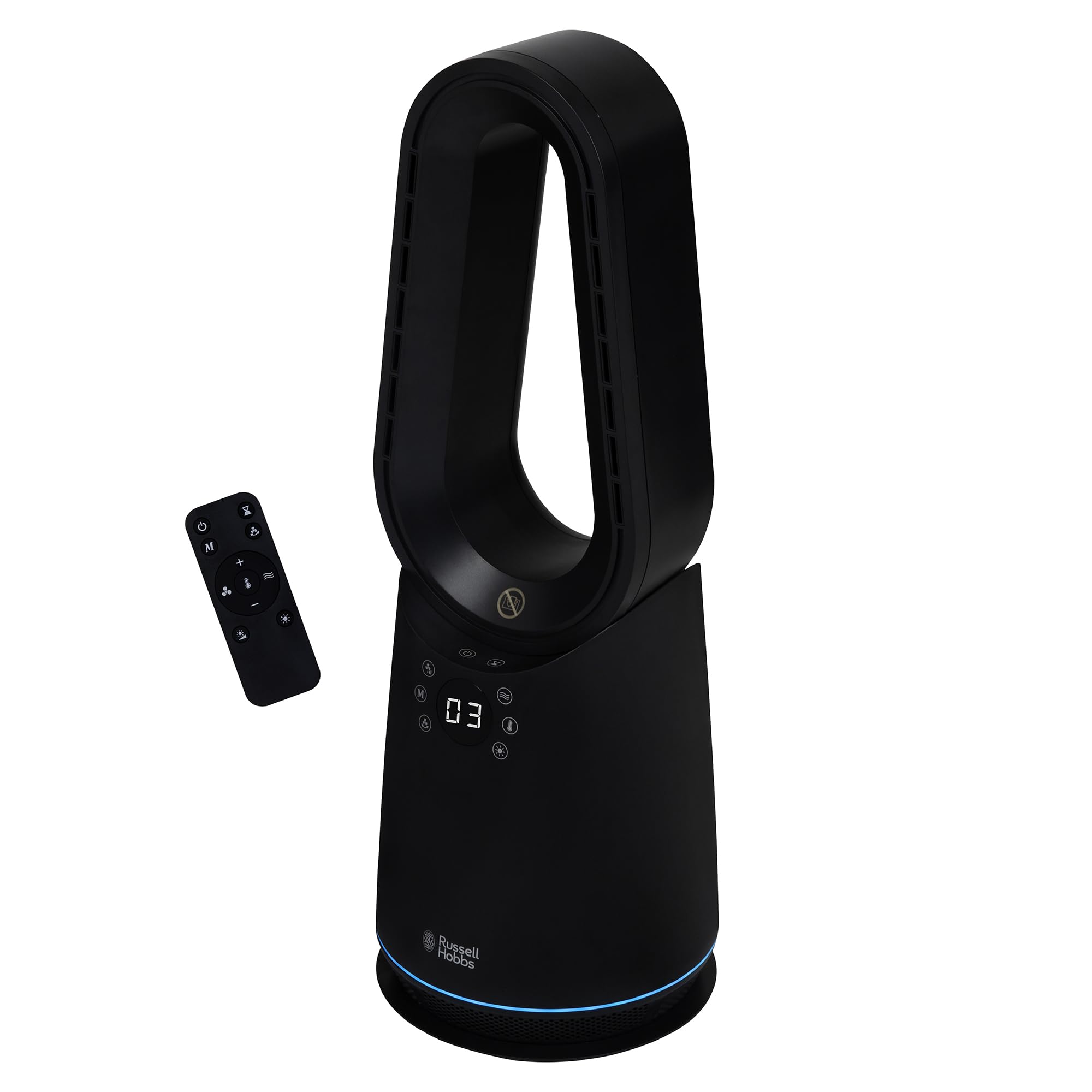 Russell Hobbs Bladeless Cooling Fan with 9 Speed Settings, Eco, High, Heat and Sleep Mode, LED Display & Remote Control, 8-Hour Timer and Oscillating Feature in Black, RHCBLDL3IN1B