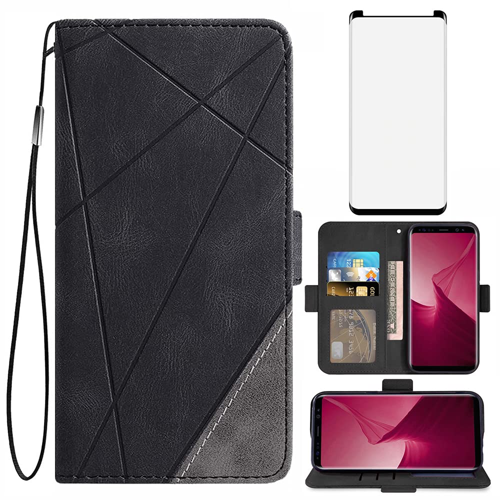 Asuwish Compatible with Samsung Galaxy S9 Wallet Case and Tempered Glass Screen Protector Leather Flip Cover Card Holder Stand Cell Accessories Phone