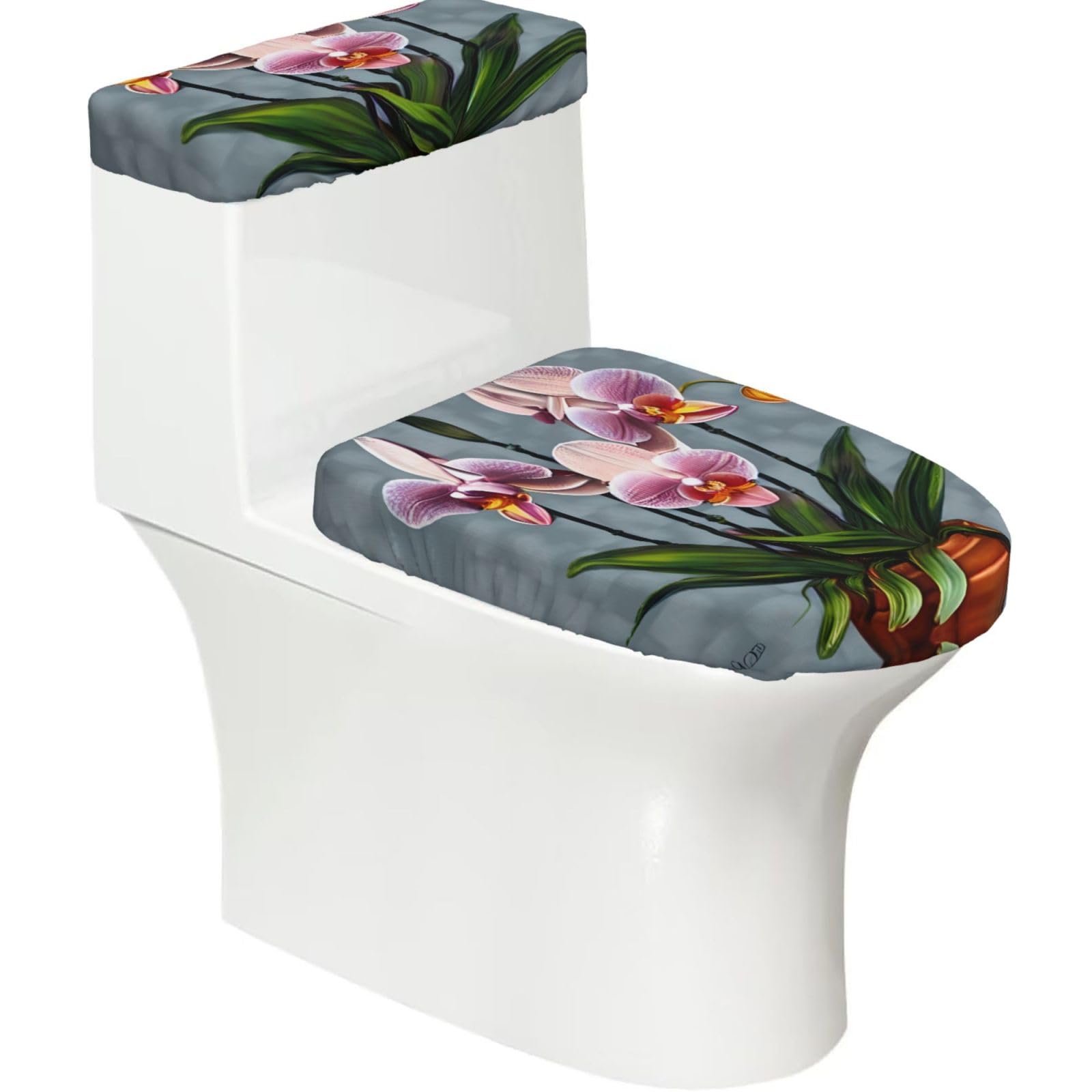 Cntdbu Black Blooming Orchids Stretchy Toilet Lid And Tank Cover Set-Soft Elastic Bathroom Decor For U Shape Oval