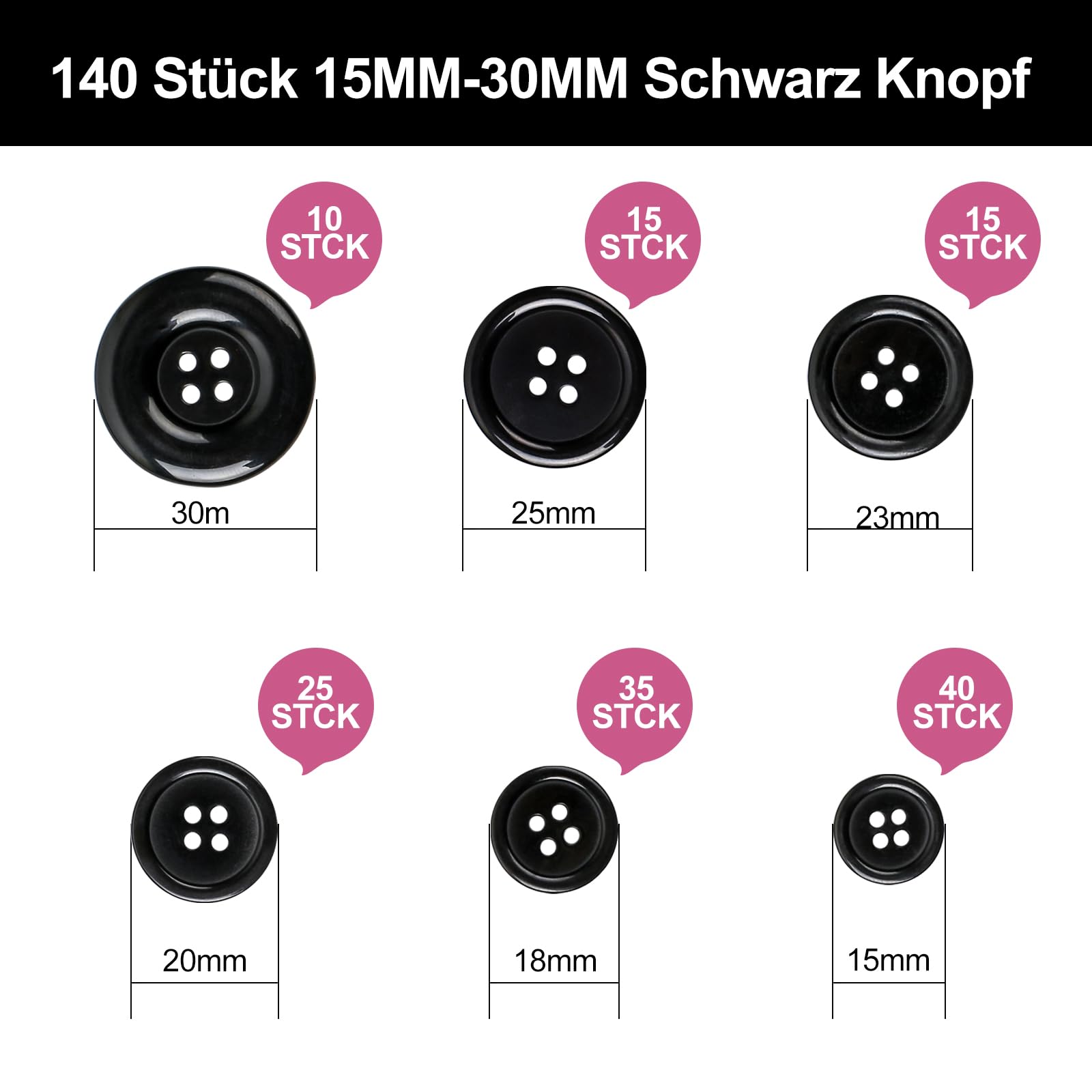 140 Bottoni Neri In Resina 15-30mm - 4 Fori Per Cucito, Lavoretti Fai Da Te, Scrapbooking - Foto 6