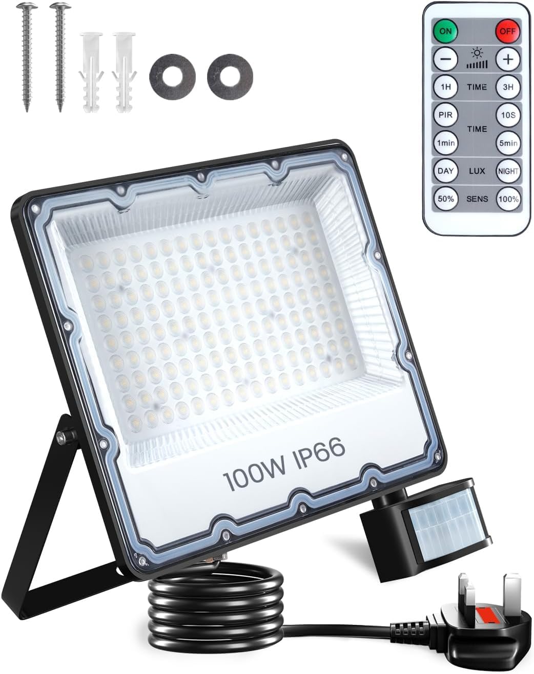 Doright Cool White 100W Security Lights Outdoor Motion Sensor, 10000Lm Super Bright Ip66 Waterproof Pir Led Floodlight With Remote Control, 2M Wire Uk Plug Security Lamp 6500K For Garden Yard Garage Doorway