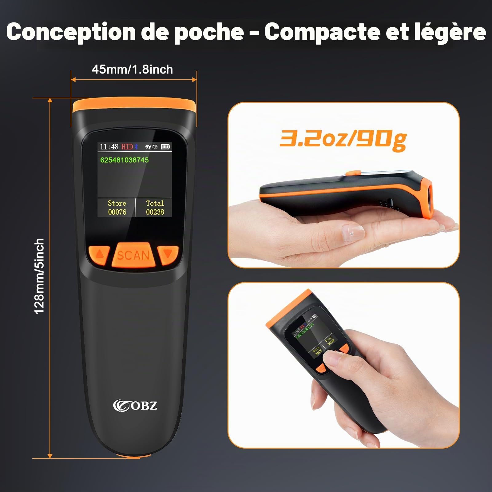 OBZ Lecteur de Codes-Barres sans Fil Grand Écran LCD, Scanner Bluetooth 2.4G/USB, Douchette QR Code 1D/2D, Configuration par Écran et Boutons, Mémoire Hors Ligne pour Inventaire, Magasin, Entrepôt