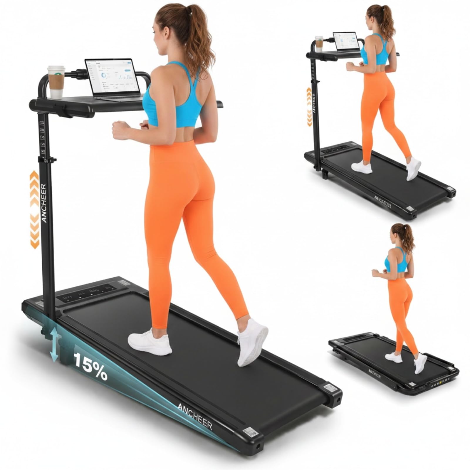 ANCHEER Walking Pad Treadmill with Desk, 3.5HP Foldable Treadmill with 15% Incline &amp; Handle Bar, Ultra-Quiet, 450LBS Capacity, Compact Treadmills for Home Office