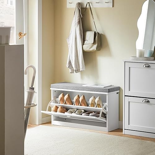 Miniatura 8 de Haotian Banco pequeño para zapatos, solución moderna de almacenamiento de zapatos con cojín acolchado, 1 cajón abatible para entrada estrecha,