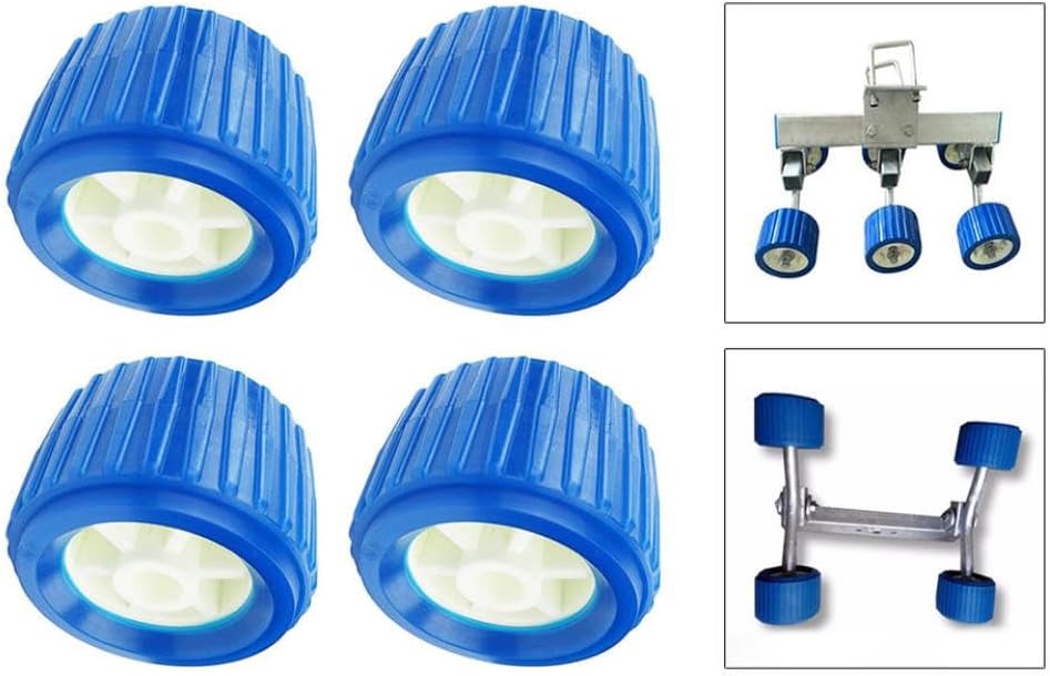 4 Set Boat Trailer Blue Rubber Ribbed Wobble Roller 4.33 Inch Diameter 3 Inch Wide