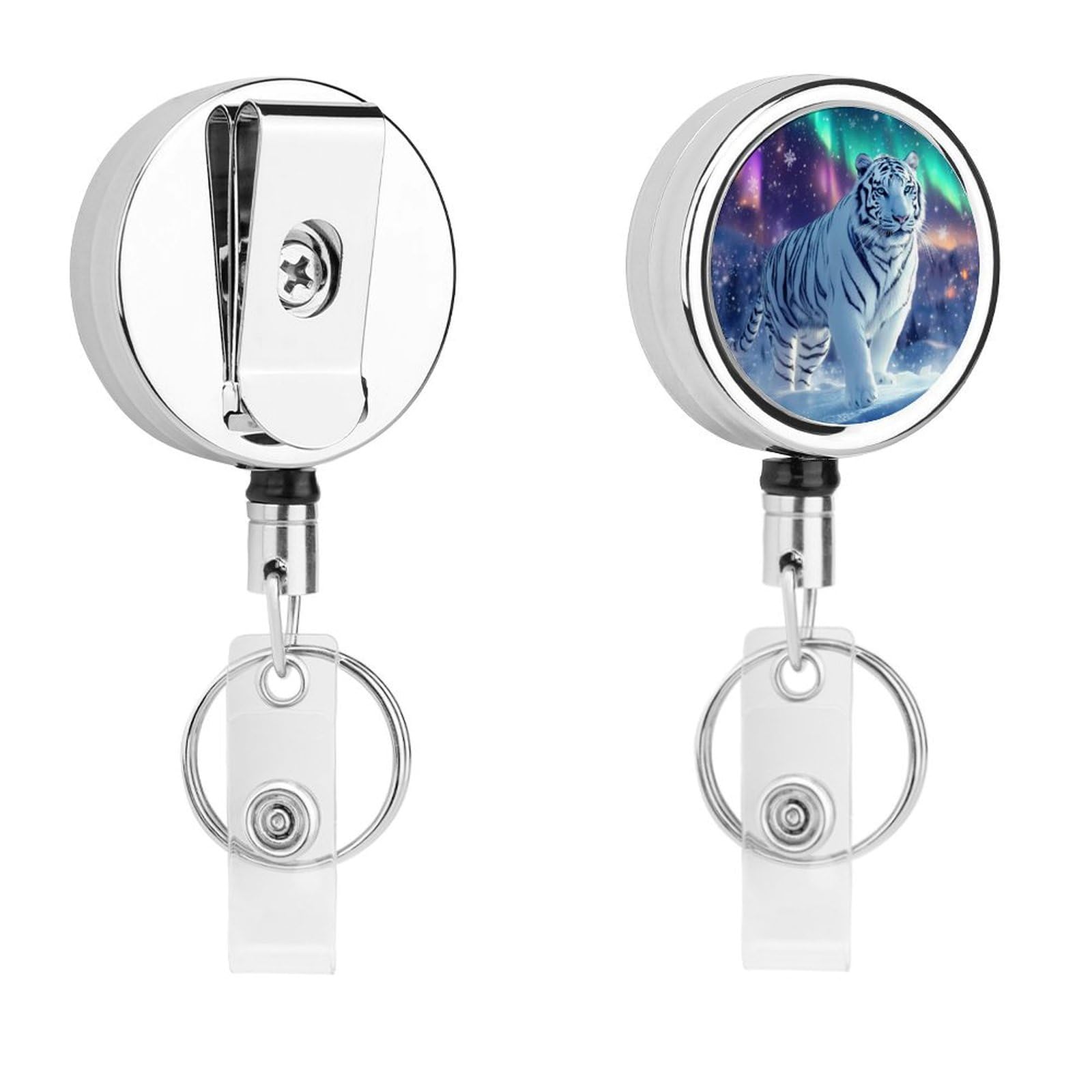 White Tiger Northern Lights Retractable Badge Holder Metal ID Name Holder Key Ring with Belt Clip
