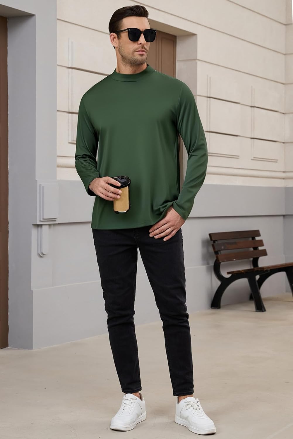 Men's Casual Cotton Mock Turtleneck Long Sleeve T-Shirts Solid Pullover Basic Lightweight Tee Tops - Image 4