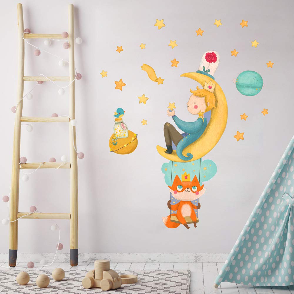 kina - Adesivo Murale Bambini Decorazione Parete Cameretta R00573 - Eco-Tessuto, Ecologico Anallergico, Riposizionabile, Effetto Carezza, Asilo Nido - Grafica Piccolo Principe e Misura 100x30 cm