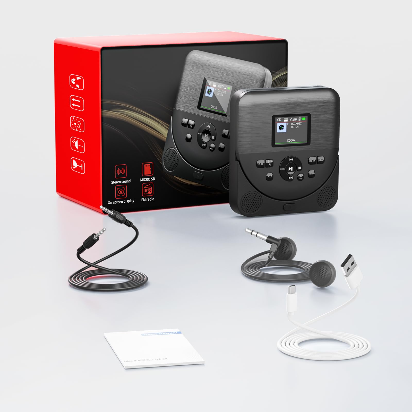 Lecteur CD Portable Bluetooth FELEMAN avec Haut-parleurs, Écran, Rechargeable, Émetteur FM, Noir