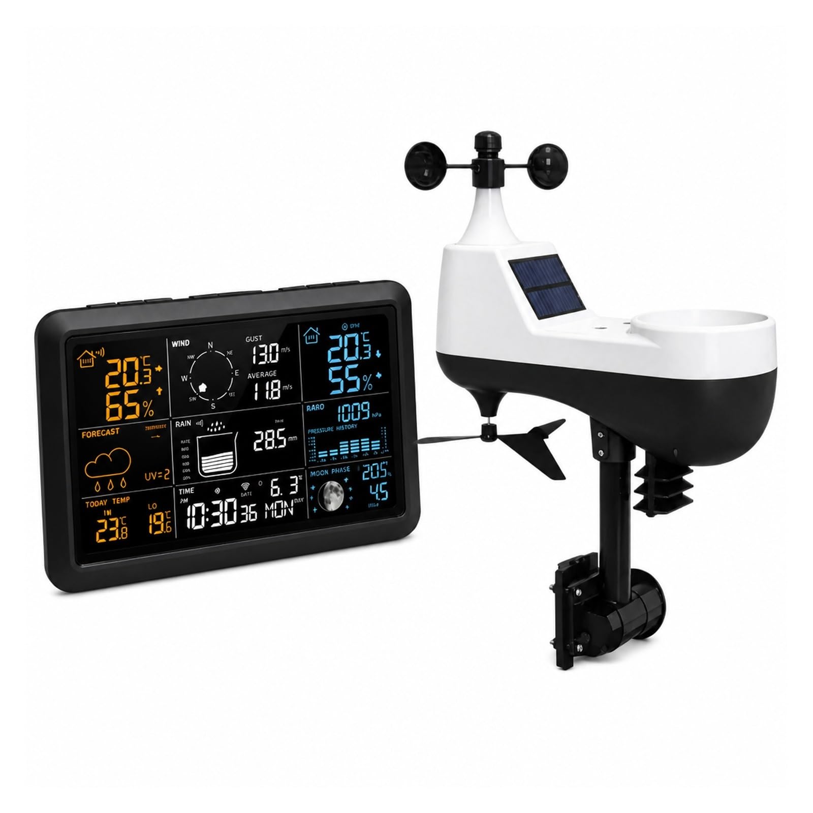 Pluviometro Esterno, Monitor per Interni Ed Esterni Stazione Meteorologica Wireless Ad Energia Solare | Black