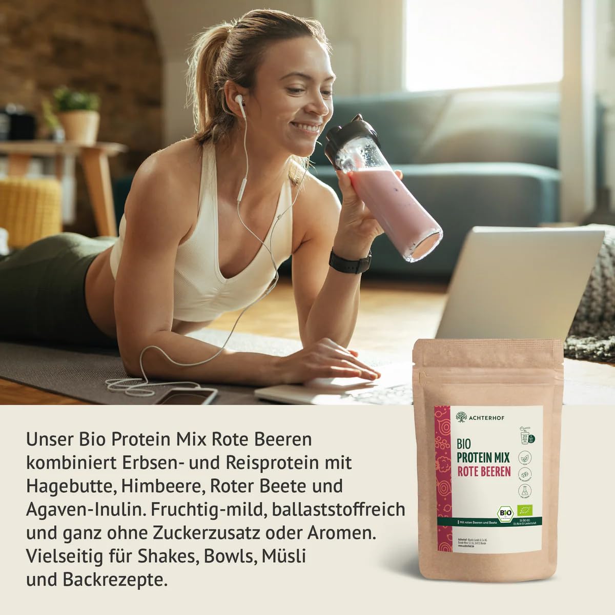 Bio Protein Mix rote Beeren 500g | Erbsen- und Reisprotein mit Beeren, Beete und Ballaststoffen | nur natürliche Zutaten in Bio-Qualität | Achterhof