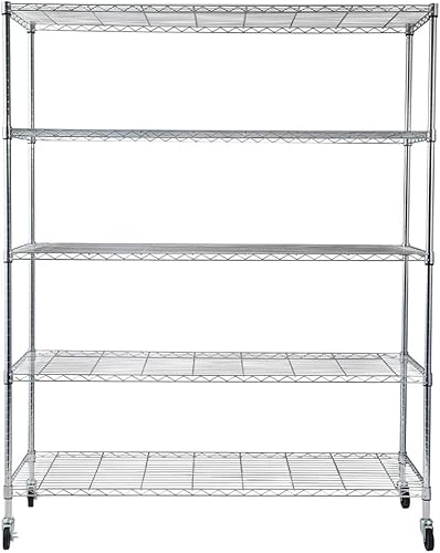 Miniatura 7 de Estantería de alambre resistente de 5 niveles de grado comercial con ruedas, estante organizador de metal, cromo, estantes organizadores de
