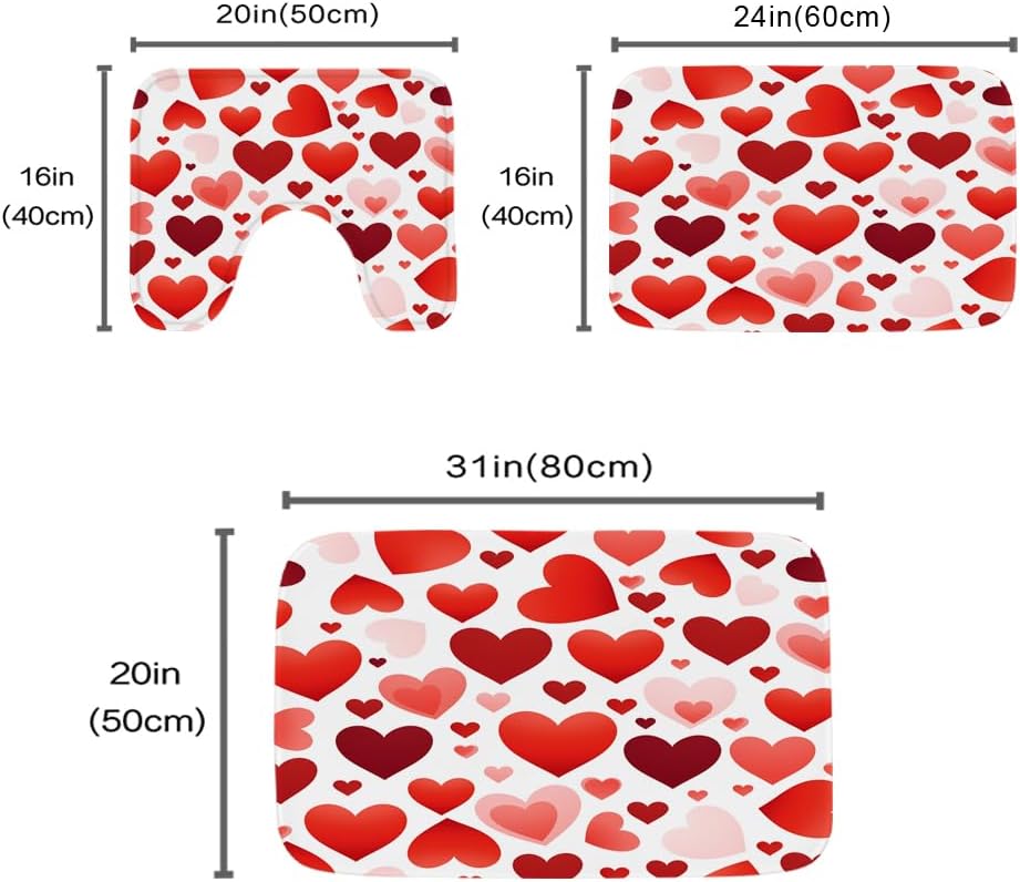 Happy Valentine's Day Love Heart Bathroom Rugs and Mats Sets 3 Piece, Memory Foam Bath Rug, Bath Mat, U-Shaped Contour Non Slip Absorbent, Washable