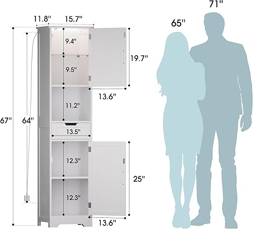 Miniatura 2 de Onelike Armario de almacenamiento de baño de 67 pulgadas de alto con luz, 16 pulgadas de ancho, angosto, delgado, independiente, con puertas y
